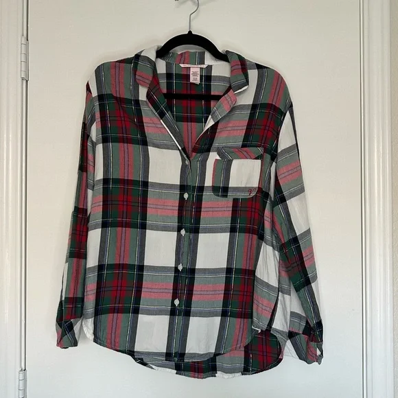 Victoria's Secret Flannel PJ Pajama Set White Red Green Plaid Size Small - Picture 3 of 16